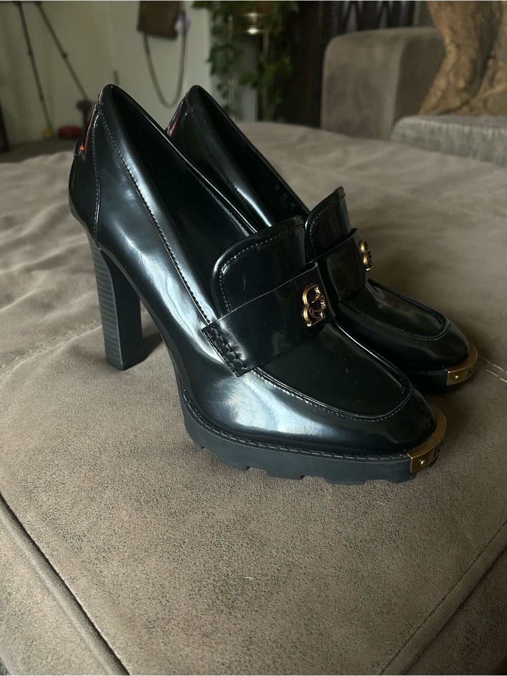 Karl Lagerfeld Black Patent Loafer Heels with Gold Hardware
